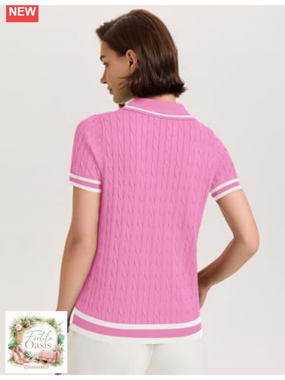 Womens V-Neck Short Sleeve Cable Knit Sweater Loose Fit Polo Pullover 80% - Picture 2 of 6